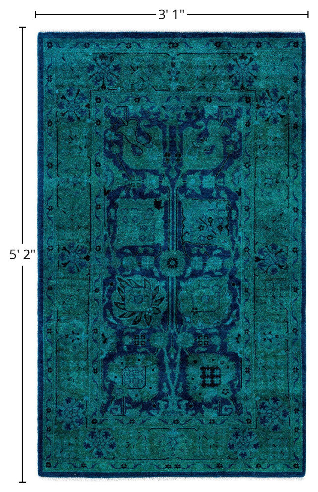Overdyed One-of-a-Kind Hand-Knotted Area Rug Green, 3' 1" x 5' 2"