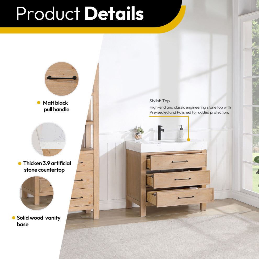 Leon Bath Vanity With Composite Stone Top, Fir Wood Brown, 36", No Mirror