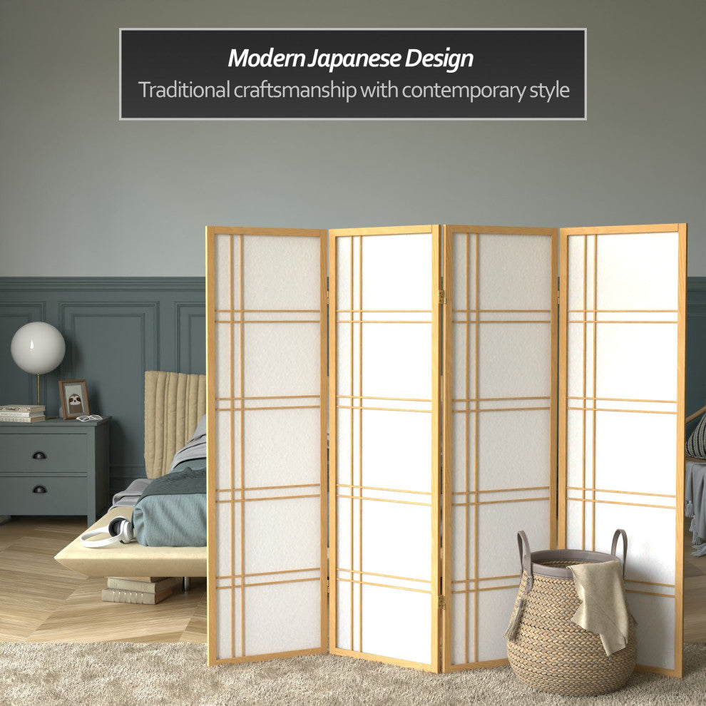 5' Tall Double Cross Shoji Screen, Natural, 4 Panels