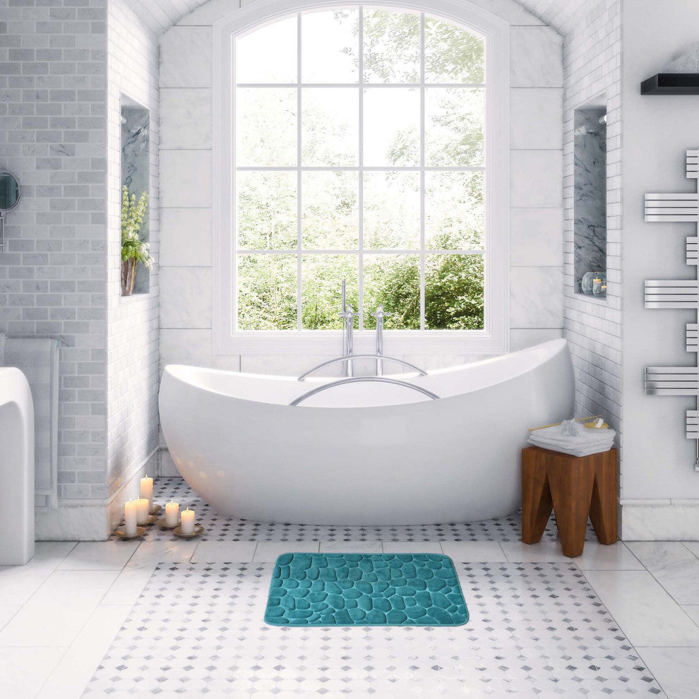 Bath Rug Memory Foam Mat 3D Pebble 32"x20", Peacock Blue, Bath Mat