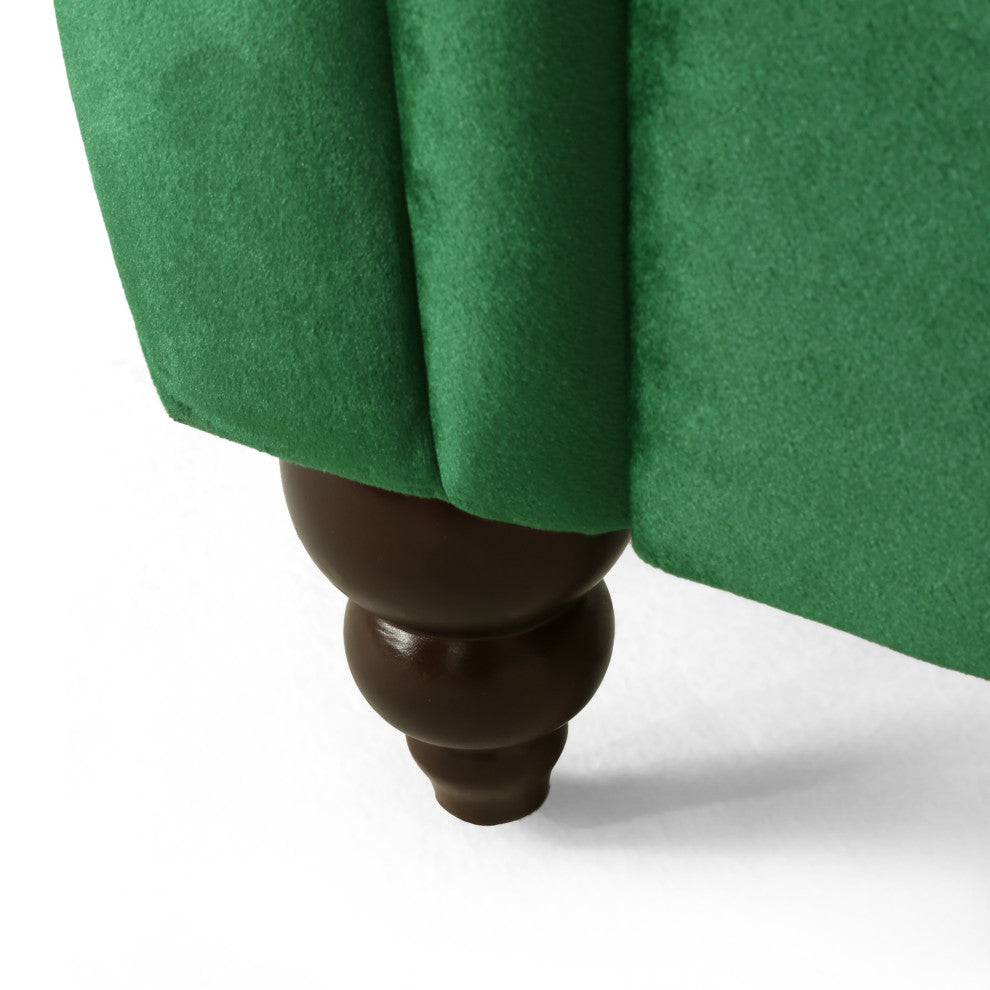 Harrisville Modern Tufted Velvet Tete-a-Tete Chaise Lounge with Accent Pillows, Emerald + Dark Brown