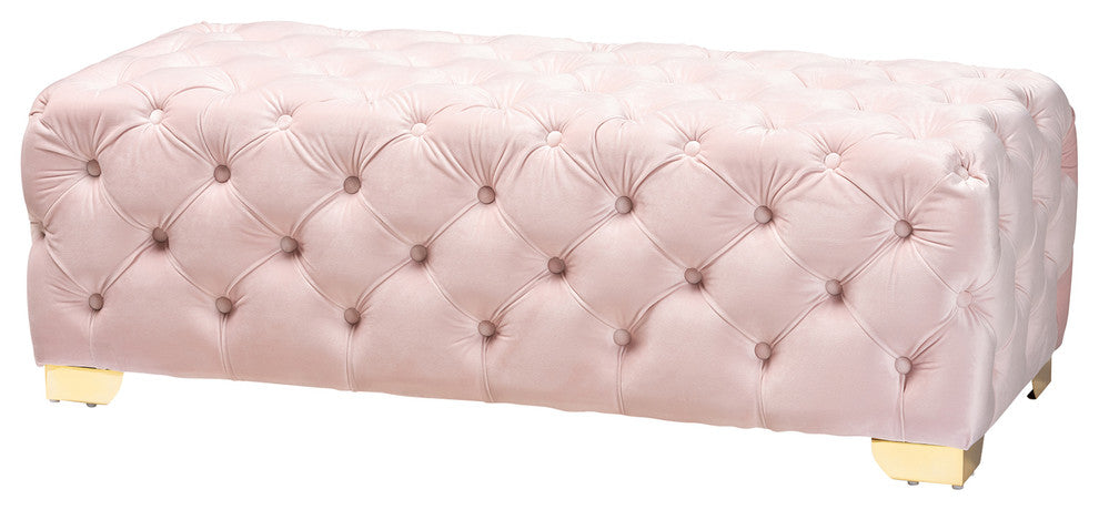 Kimberly Luxe Velvet Upholstered Gold Button Tufted Bench Ottoman, Light Pink