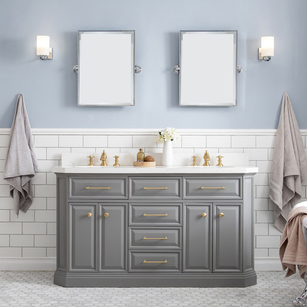 60" Palace Quartz Gray Vanity With Brass Hardware, Faucets and Chrome Mirrors