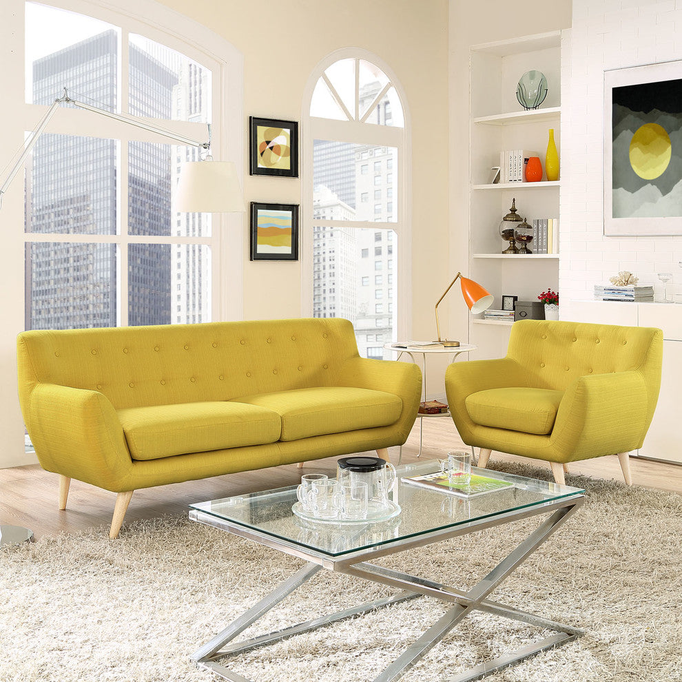 Modern Contemporary Living Room 2-Piece Set, Yellow, Fabric, Plywood