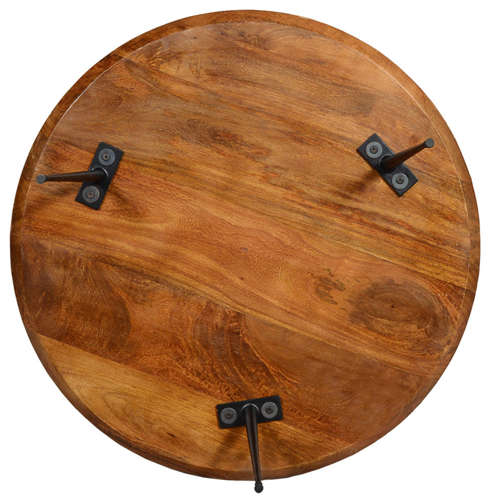30" Wide Round Mango Wood Coffee Table With Splayed Metal Legs Brown and Black