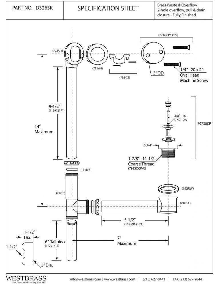 All Exposed Pull & Bath Drain, 14" Make-Up, 17 Ga. Tubing, Polished Nickel