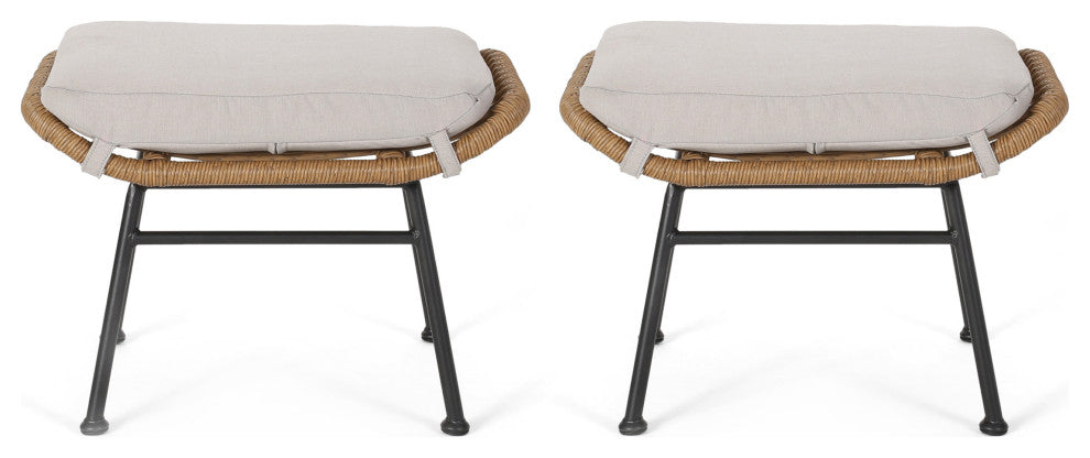 Gloria Outdoor Modern Boho Wicker Ottoman, Set of 2, Brown