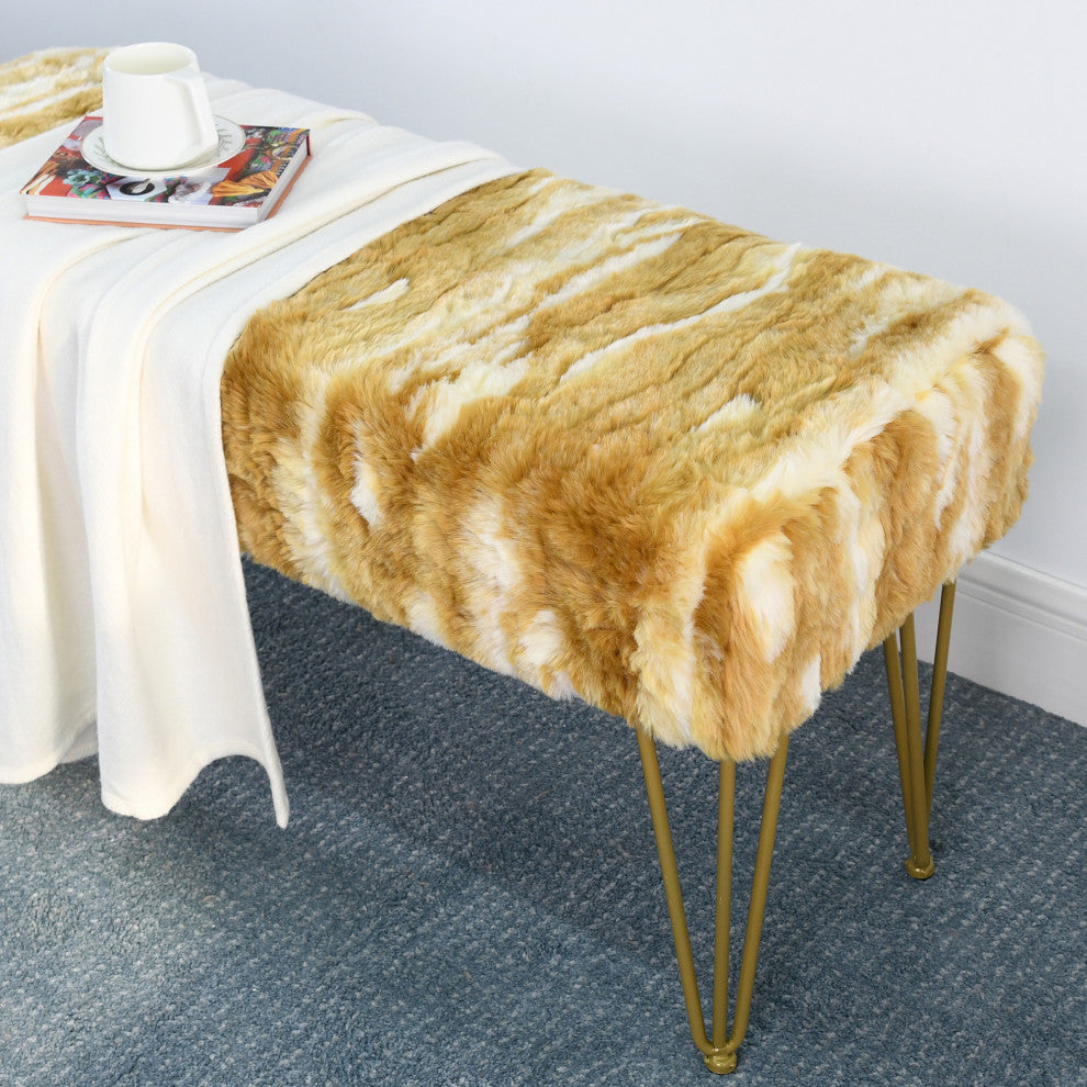 Soft Faux Fur Ottoman Fuzzy Entryway Bench Seat, Gold, 46"x16"x22"