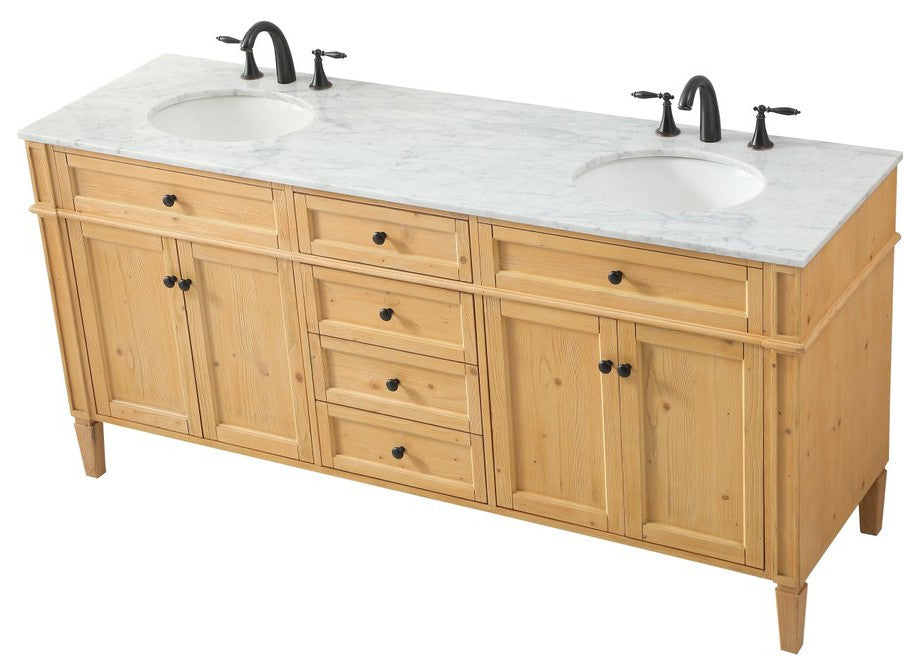 Home Living Vanity with Carrara White Marble Countertop, Natural Wood, 72", Double Sink
