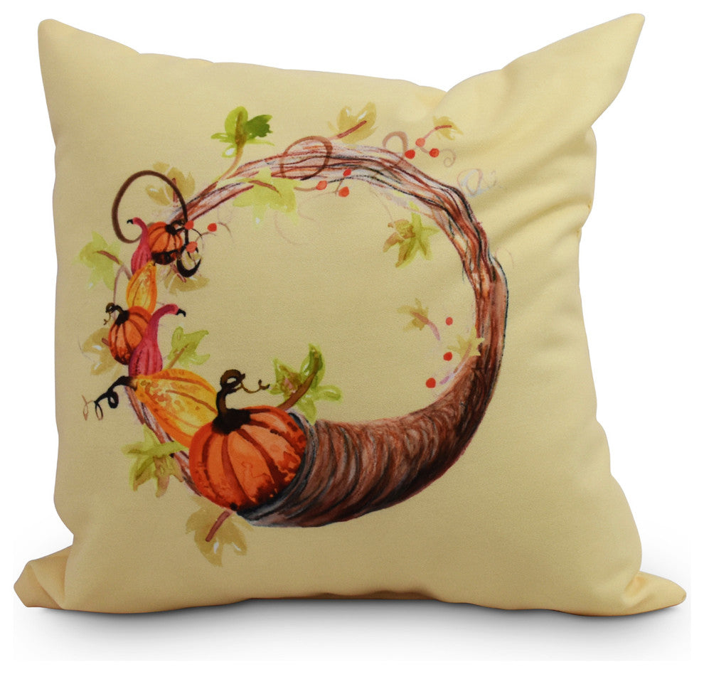 Cornicopia Wreath Fall Print Outdoor Decorative Throw Pillow, Light Yellow, 16"
