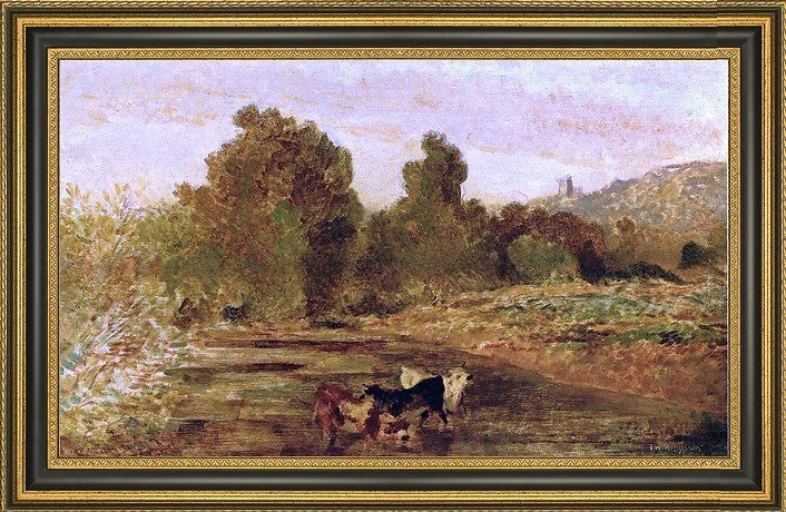 Theodore Rousseau Pasture Land by Water Framed Premium Canvas Print, 16"x24"