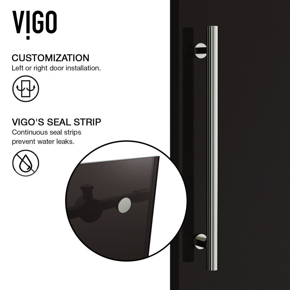 VIGO Elan 68" to 72" W x 74" H Frameless Sliding Shower Door, Stainless Steel, Black Tint Glass