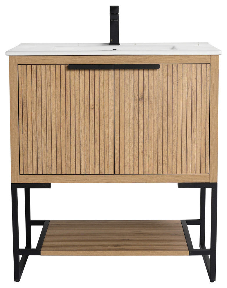 Kingsford Grooved-Look Bath Vanity, Bright Oak, White Ceramic Sink, 30", Doors