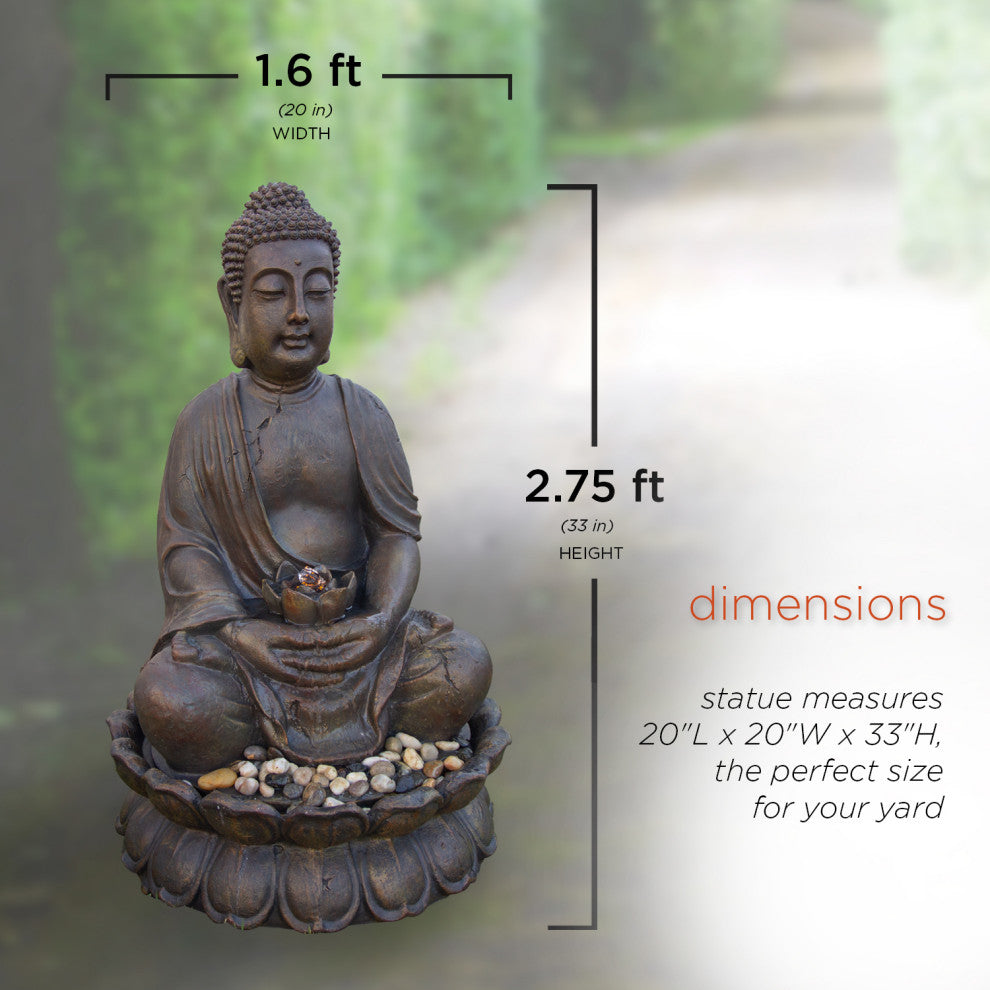 Alpine Meditating Buddha Fountain With LED Light, 33" Tall
