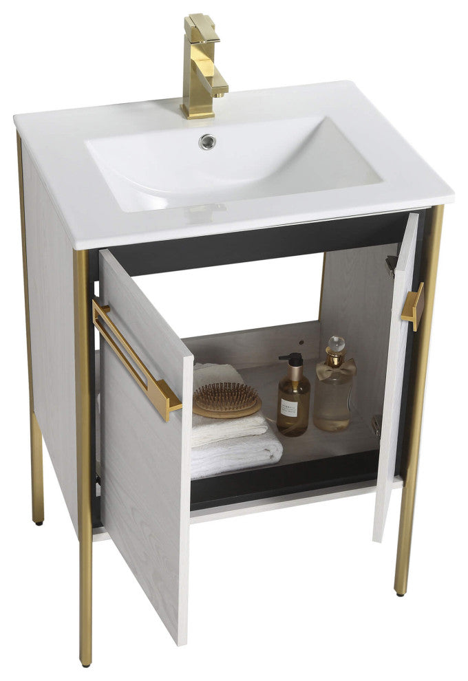 Oakville Bath Vanity, Ceramic Sink, Mild Grey Oak, 24 Inch, Satin Brass Hardware