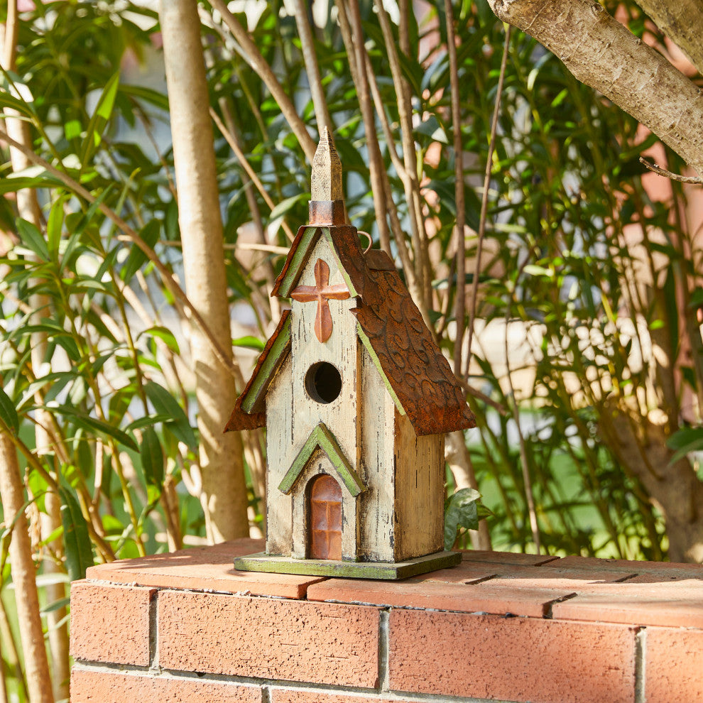 Rustic Garden Distressed Wooden Church Birdhouse, Cross