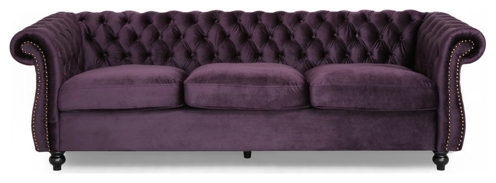 GDF Studio Vita Chesterfield Tufted Jewel Toned Velvet Sofa With Scroll Arms, Blackberry