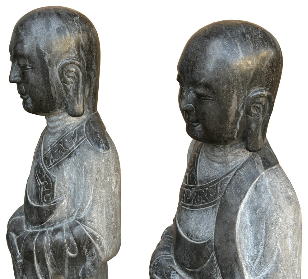 Pair Black Gray Stone Carved Standing Monk Arhat Lohan Statues Hws4335P