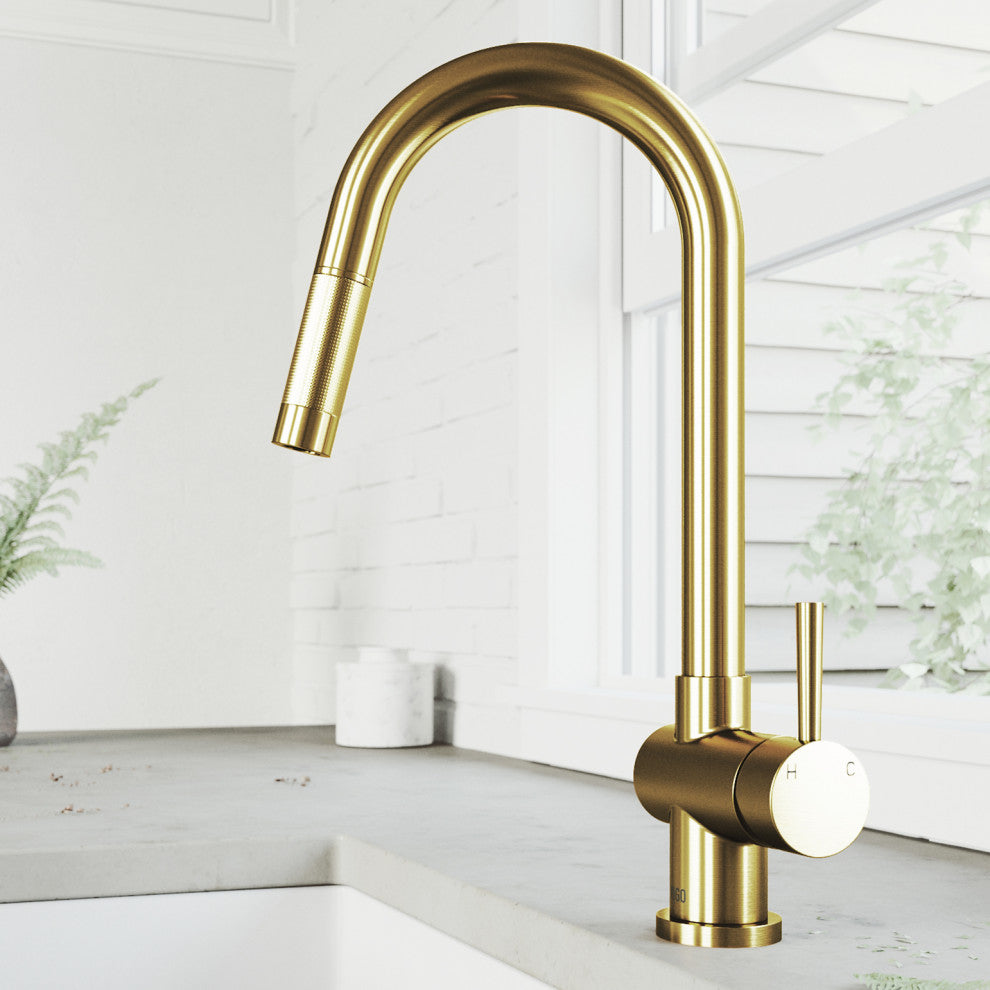 VIGO Gramercy 17" H Single Handle Pull-Down Sprayer Kitchen Faucet, Matte Brushed Gold, No Sensor, Without Extras