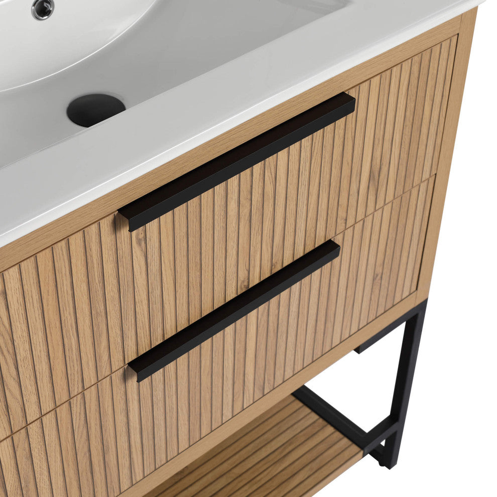 Kingsford Grooved-Look Bath Vanity, Bright Oak, White Ceramic Sink, 30", Drawers