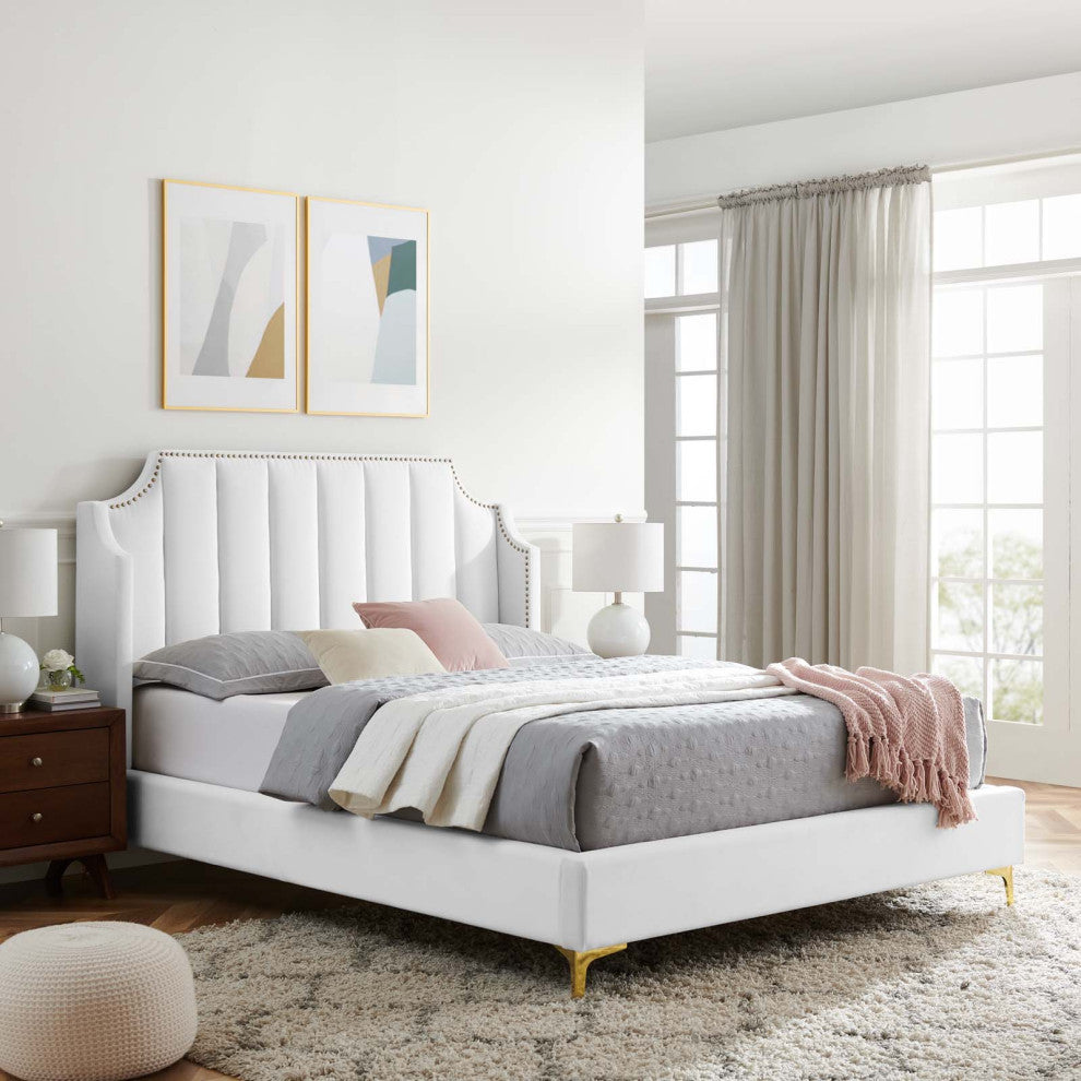 Daniella Performance Velvet Queen Platform Bed White