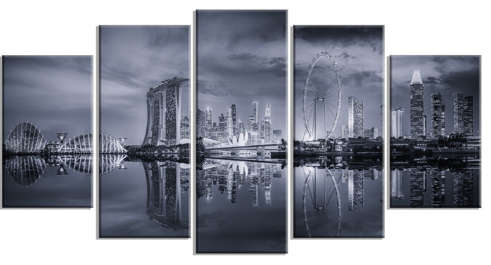 "Black And White Singapore Skyline" Cityscape Canvas print, 5 Panels, 60"x32"
