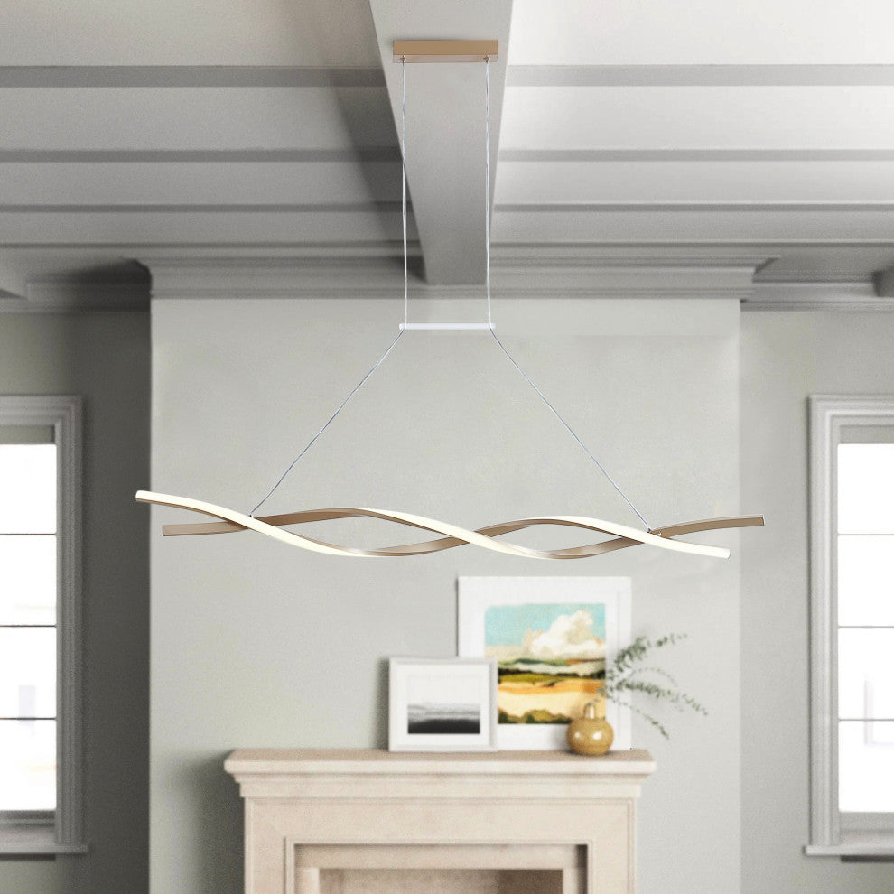 1-Light LED Linear Wavy Pendant Light Chandelier, Gold