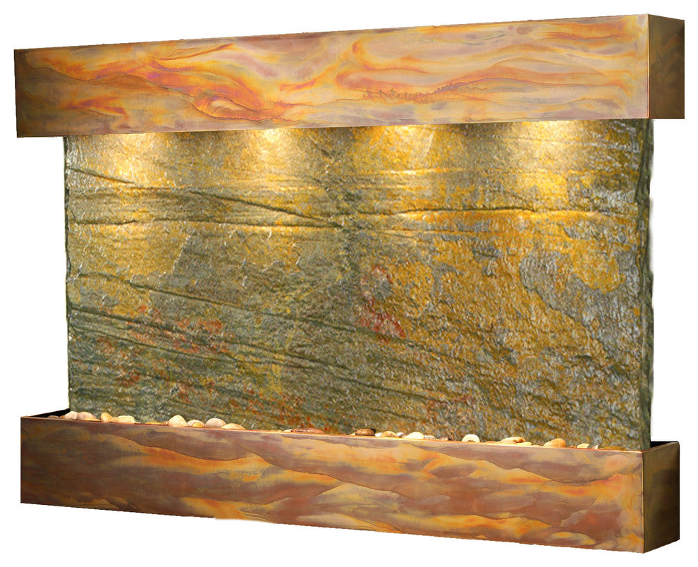 Sunrise Springs water fountain, Natural Green Slate, Rustic Copper, Square