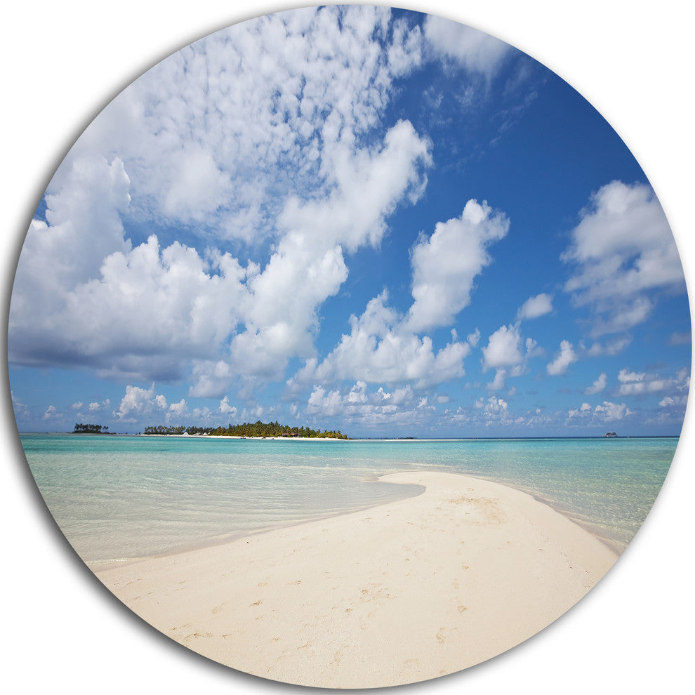 Serene Maldives Beach Under Clouds, Seascape Round Wall Art, 11"