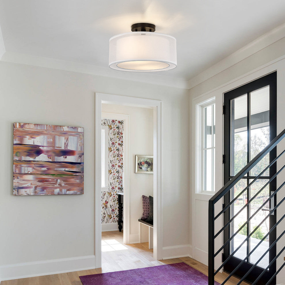 13"W 2-Light Semi-Flush Mount With White Double Drum Shade