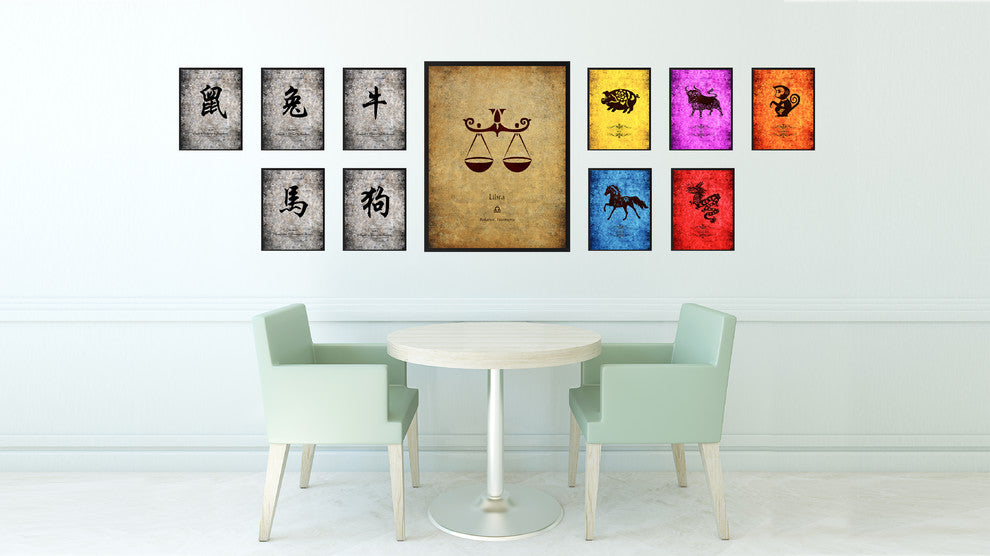 Libra Horoscope Astrology Brown Print on Canvas with Picture Frame, 28"x37"