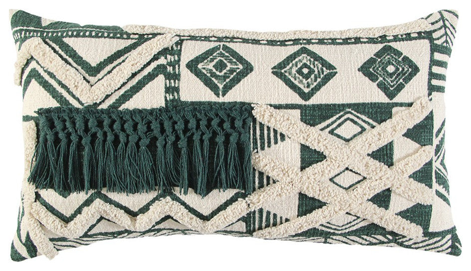 Ivory Green Geometric Boho Chic Lumbar Pillow
