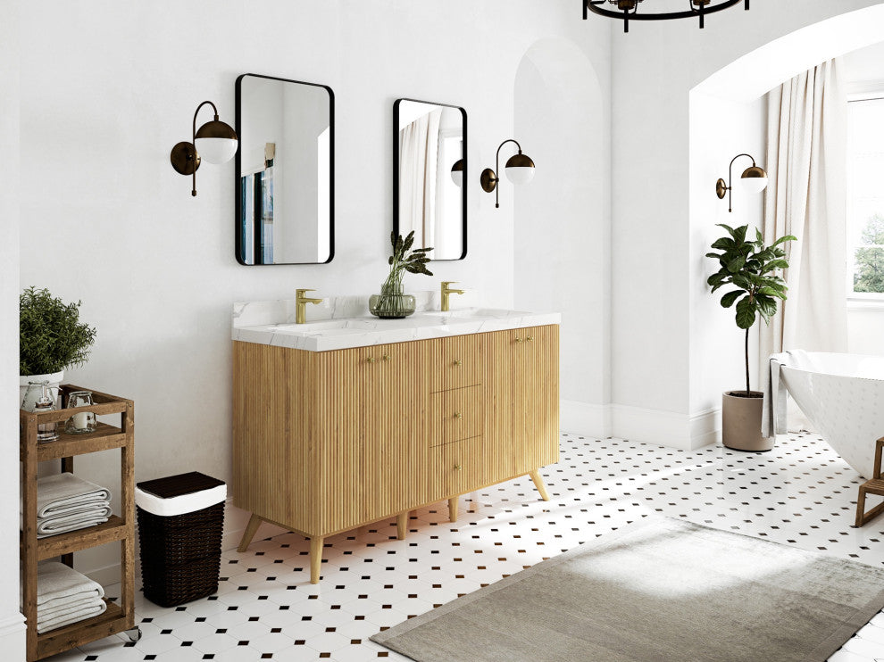 Pasadena 60 Double Sink Bathroom Vanity in Light Natural Teak 2" Viola Gold