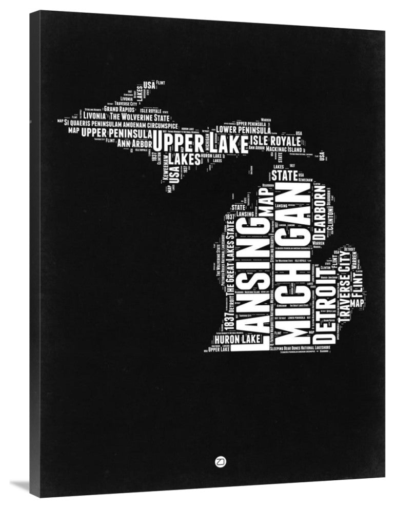 "Michigan Black and White Map" Fine Art Print