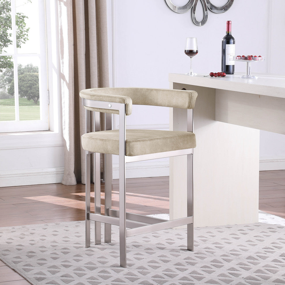Marcello Upholstered Counter Stool, Beige, Velvet, Brushed Chrome