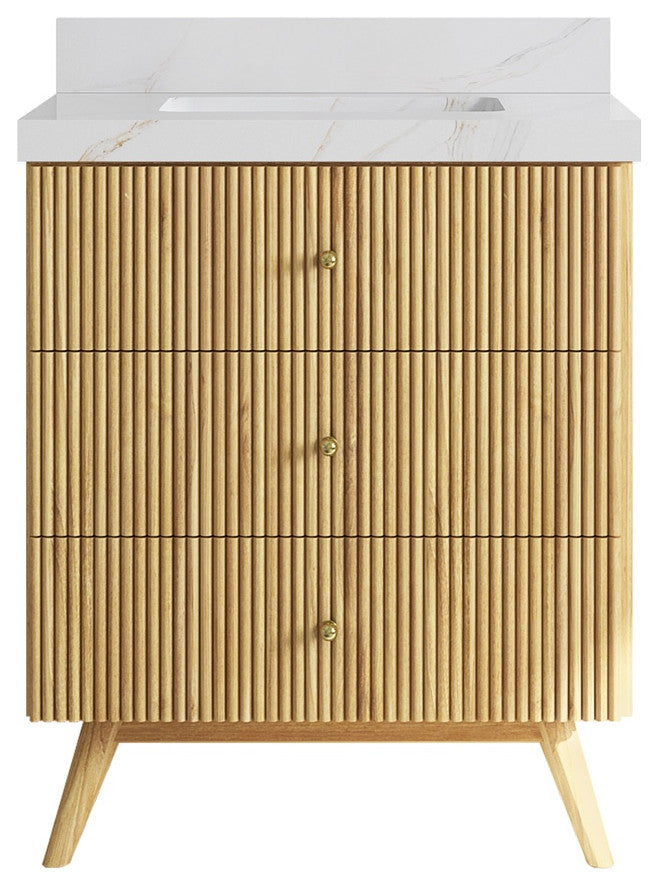 Pasadena 30" Single Sink Bath Vanity, Light Natural Teak 2" Calacatta Sienna