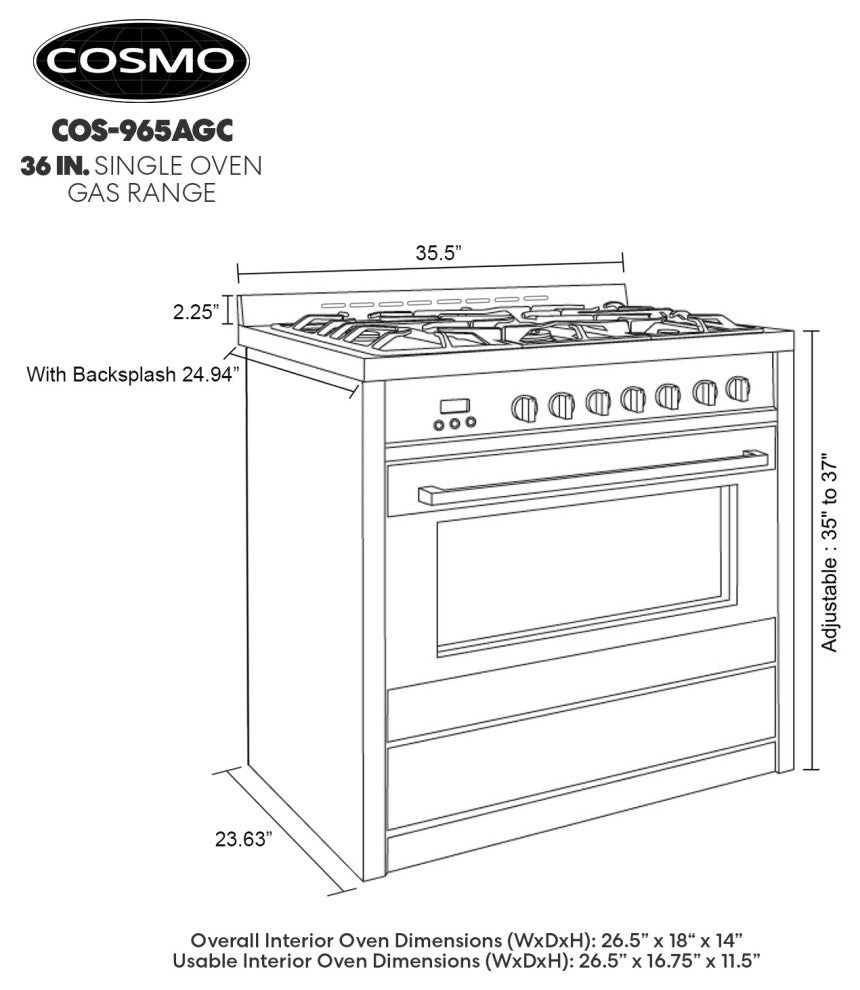 Cosmo Gas Range 5 Burners Modern Stainless Steel Convection Oven Professional
