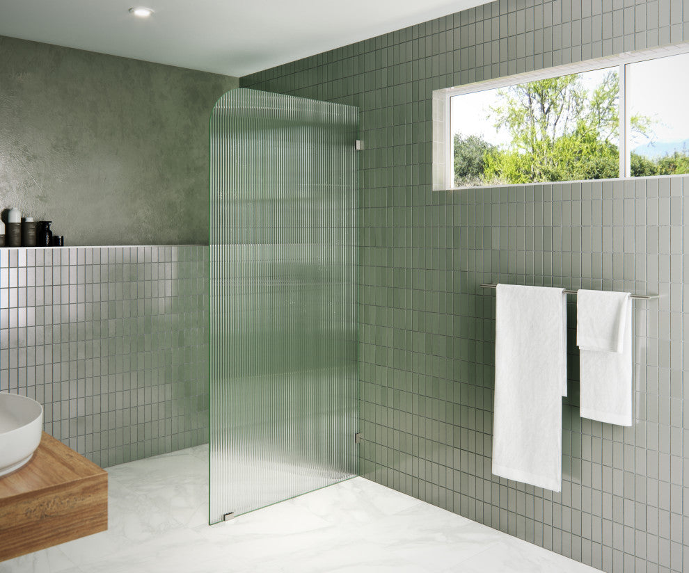 34"x78" Frameless Shower Door, Single Fixed Panel Fluted Radius, Brushed Nickel, 34" Right