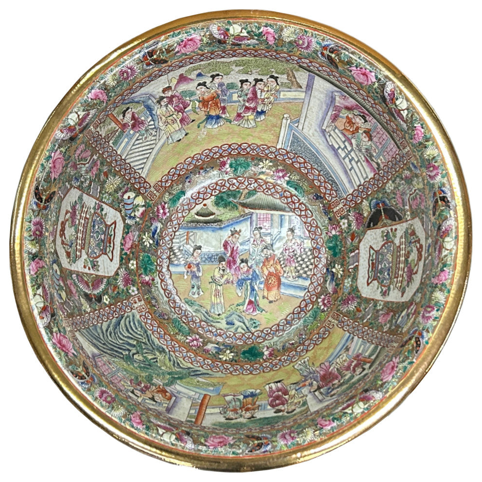 Vintage Chinese Famille Rose People House Graphic Porcelain Bowl Pot Hws4349