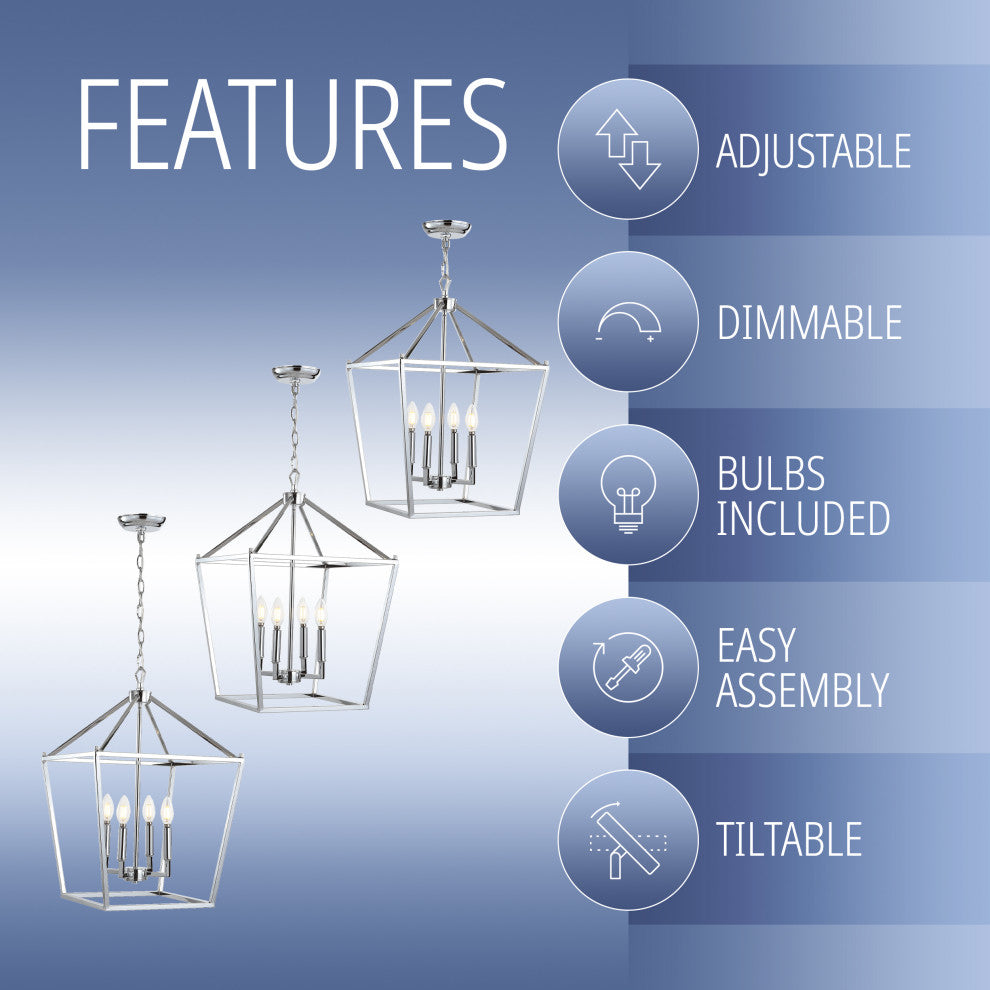 Pagoda Lantern Metal LED Pendant, Chrome, 16"