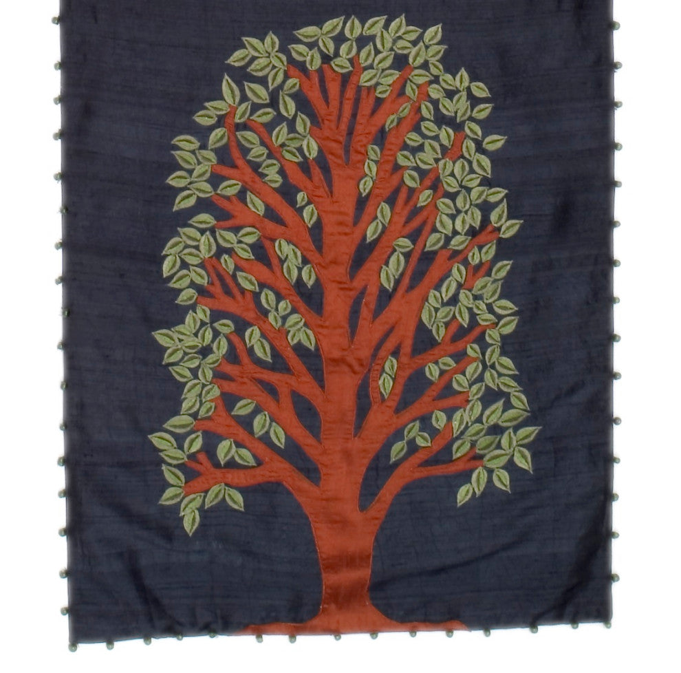 Tree of Life Table Runner in Ivory Silk, Navy Silk