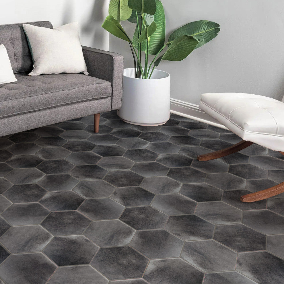 Industrial Hex Multi Mix Porcelain Floor and Wall Tile, Black