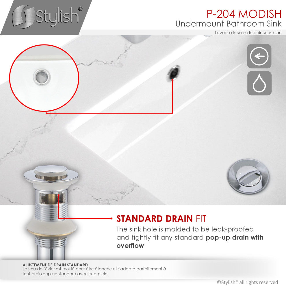 STYLISH 20" Rectangular Undermount Ceramic Bathroom Sink, 2 Overflow Finishes