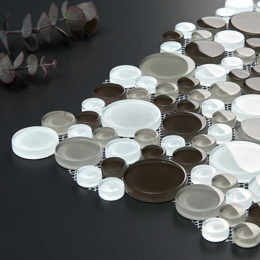 Glass Mosaic Tile, Bubble Collection, Tapioca, Mixed Rounds, 12"x12", Set of 50