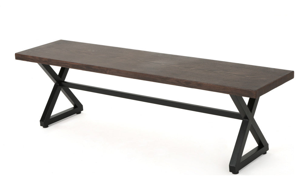 GDF Studio Rosarito Outdoor Aluminum Dining Bench With Black Steel Frame, Brown