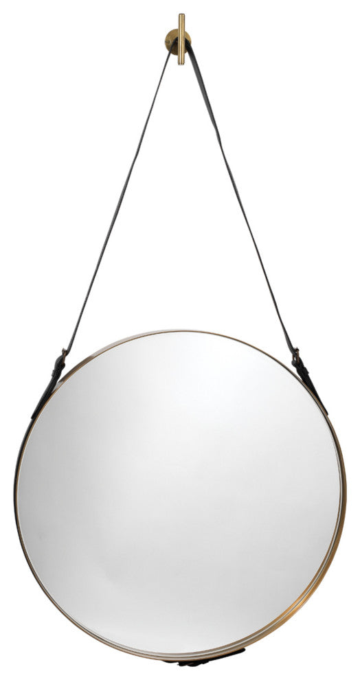 Round Steel Mirror, Antique Brass and Black Leather Strap