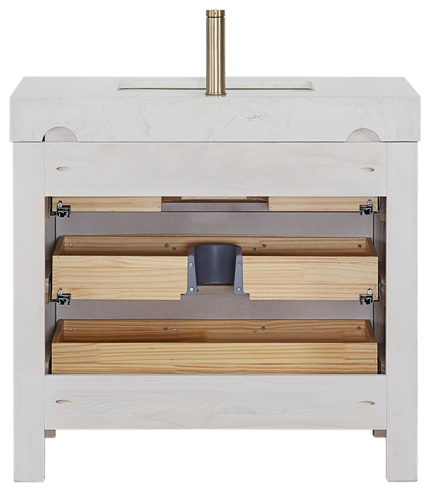 Leon Bath Vanity With Composite Stone Top, Washed White, 36", No Mirror