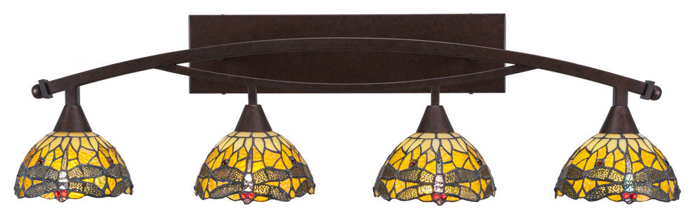 Bow 4-Light Bath Bar, 7" Amber Dragonfly Art Glass, Bronze