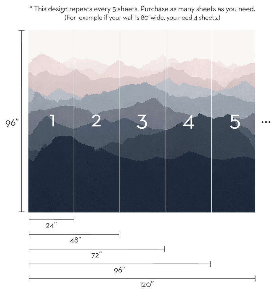 Mountain Mural Wall Art Peel and Stick Vinyl Wallpaper, Navy/Pale Pink, 24"x96"