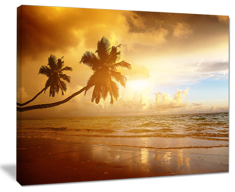 "Beautiful Palms At The Caribbean Beach" Seascape Art Canvas, 20"x12"